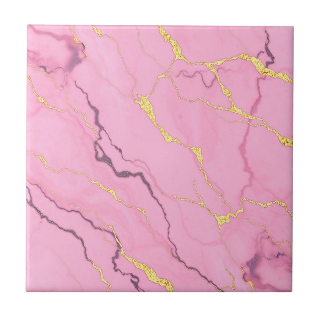 Azulejo Patrón de Venas de Oro de Mármol Rosa (Frente)
