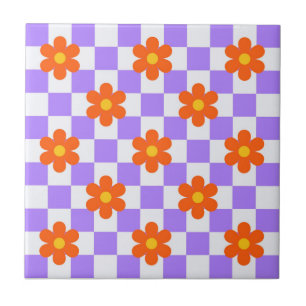 Azulejo Patrón de verificación púrpura con flor Naranja