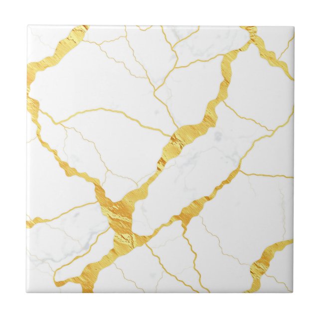 Azulejo Patrón de Vetas de Oro de Mármol Blanco (Frente)