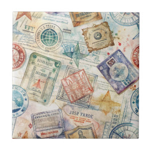 Azulejo Patrón de viaje de sello de pasaporte rústico (7)