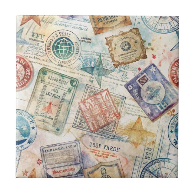 Azulejo Patrón de viaje de sello de pasaporte rústico (7) (Frente)