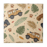 Azulejo Patrón de viaje por carretera vintage (3)<br><div class="desc">Azulejo de cerámica con patrón inspirado en viajes rústicos que presenta coches antiguos, señales de tráfico vintage, hojas y elementos de aventuras retro en un estilo encantador de campo. Ideal para amantes de los viajes por carretera, entusiastas de lo vintage, viajeros y cualquiera que ame la estética de viajes nostálgicos....</div>