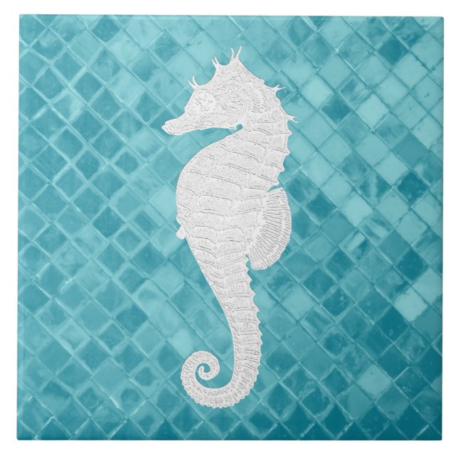 Azulejo Patrón de vidrio marino Aqua de caballete blanco (Frente)