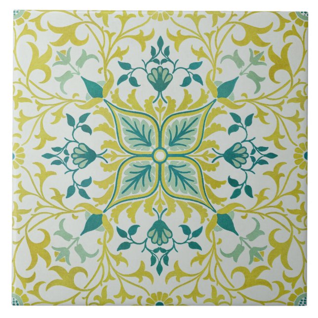 Azulejo Patrón de Vino y Flor Turquesa Amarillo Morris (Frente)