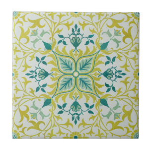 Azulejo Patrón de Vino y Flor Turquesa Amarillo Morris