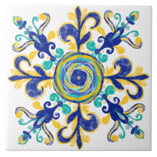Azulejo Patrón Decorativo Mediterráneo Azul Y Amarillo (Frente)