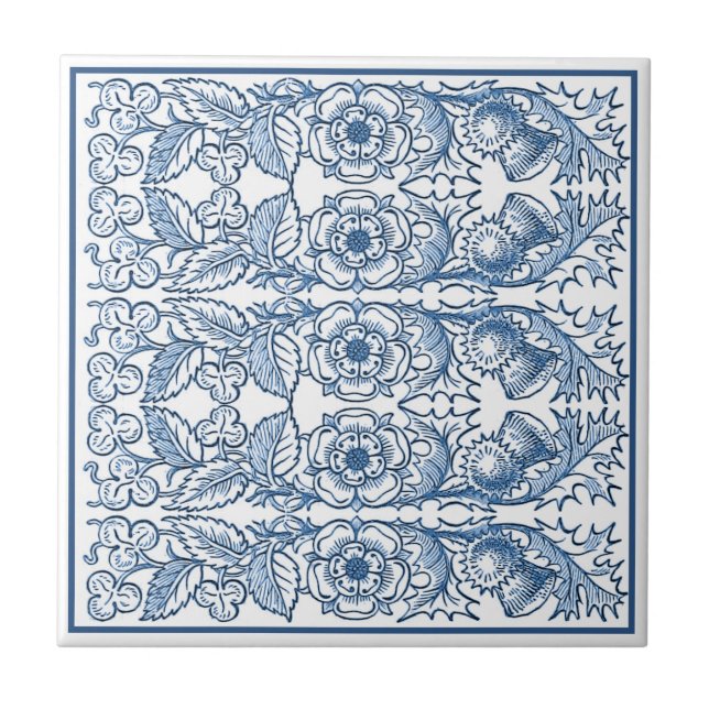 Azulejo Patrón Delft Blue Ornamental Floral Art Nouveau (Frente)