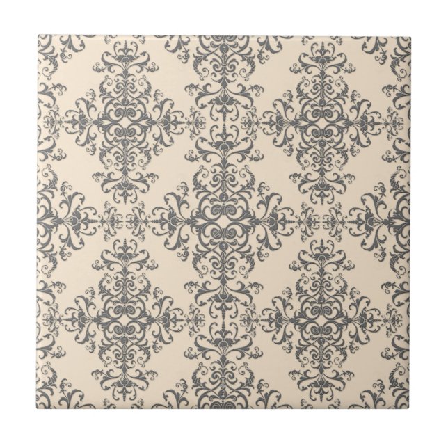 Azulejo Patrón elegante de estilo crema y damasco gris (Frente)