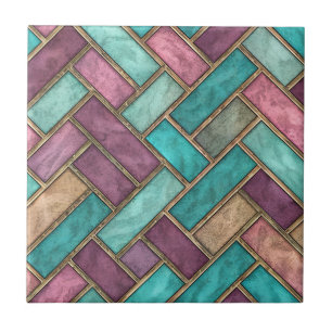 Azulejo Patrón Espina de Pez en Verde Azul y Malva