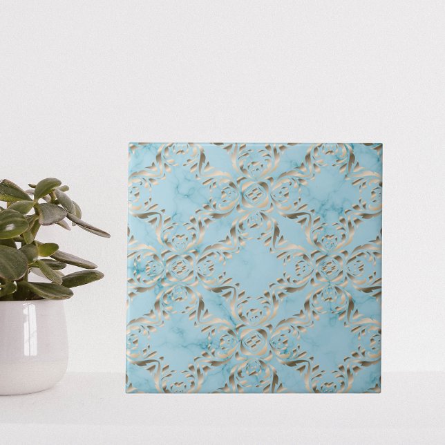 Azulejo Patrón Faux Gold Damask En Una Mármol Azul Claro (Subido por el creador)
