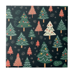 Azulejo Patrón festivo de árbol de Navidad verde y coral