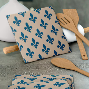 Azulejo Patrón Fleur de Lis, azul francés real en crema