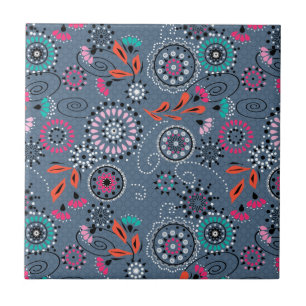 Azulejo Patrón floral abstracto folicular étnico retro gri