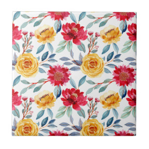 Azulejo Patrón floral alegre de acuarela en rosa amarilla
