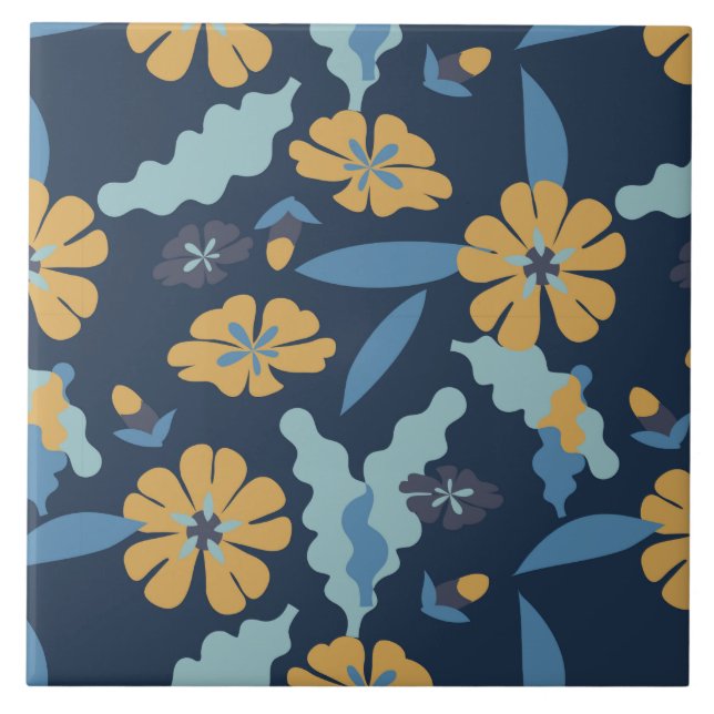 Azulejo Patrón floral amarillo dorado y azul (Frente)
