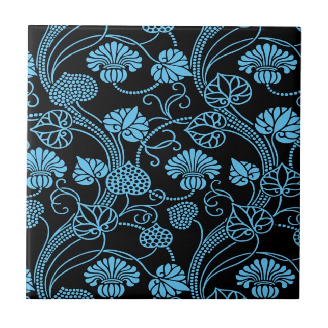 Azulejo Patrón floral antiguo negro sobre azul (Frente)