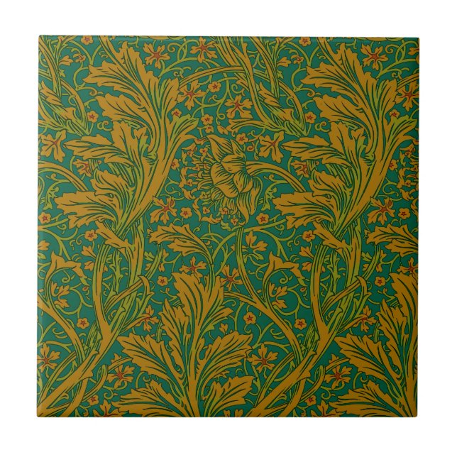 Azulejo Patrón Floral Arcadia Verde Dorado William Morris (Frente)