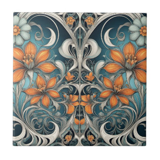 Azulejo patrón floral Art Nouveau verde azulado naranja