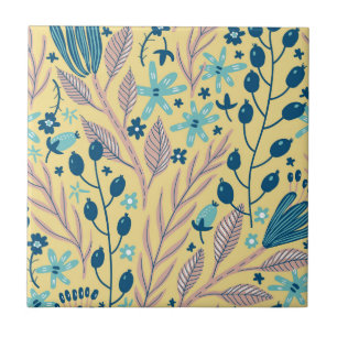 Azulejo Patrón floral azul botánico moderno sobre beige