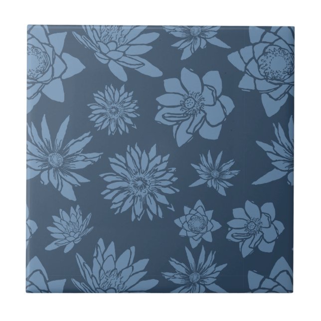 Azulejo Patrón floral azul oscuro decorativo (Frente)