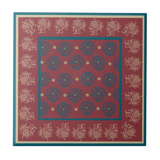 Azulejo Patrón floral azul oscuro y beige en rojo profundo (Frente)