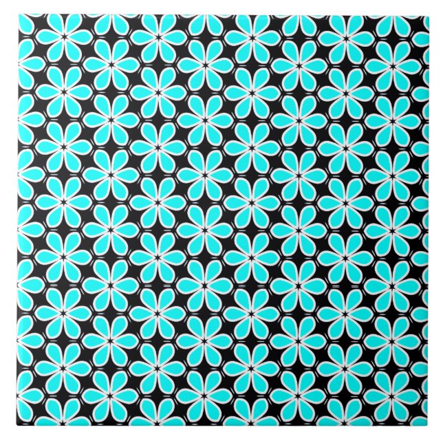 Azulejo Patrón floral azul turquesa y negro (Frente)