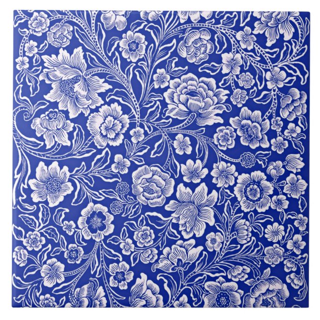 Azulejo Patrón floral azul vibrante (Frente)