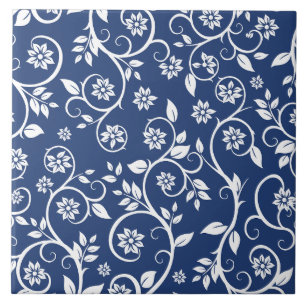 Azulejo patrón floral azul y blanco