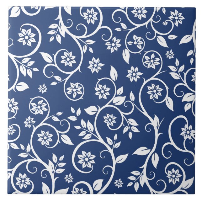 Azulejo patrón floral azul y blanco (Frente)