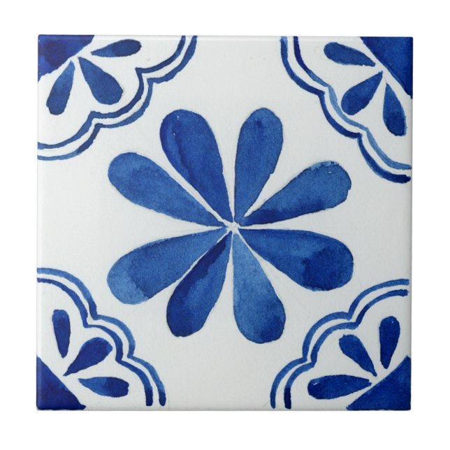 Azulejo Patrón floral azul y blanco mediterráneo (Frente)
