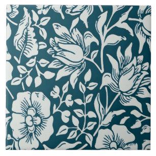 Azulejo Patrón floral azul y blanco morris vintage