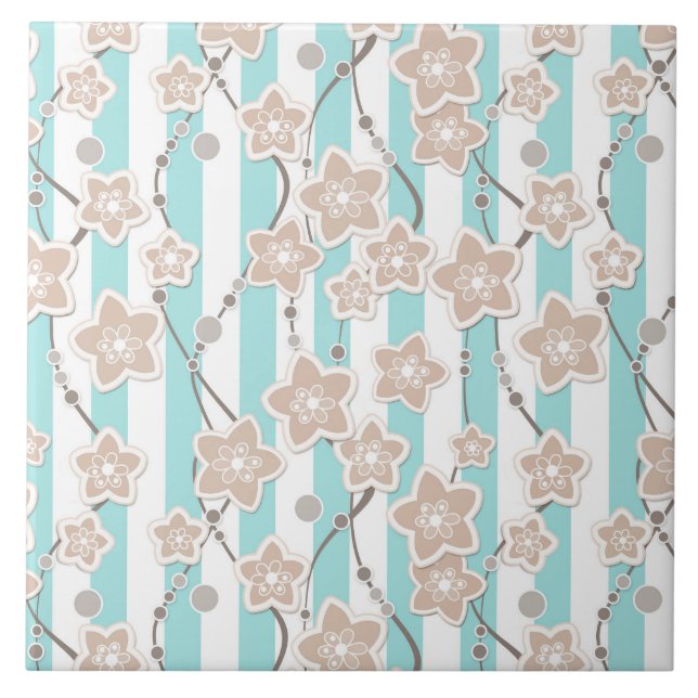 Azulejo patrón floral beige sobre menta con rayas blancas (Frente)