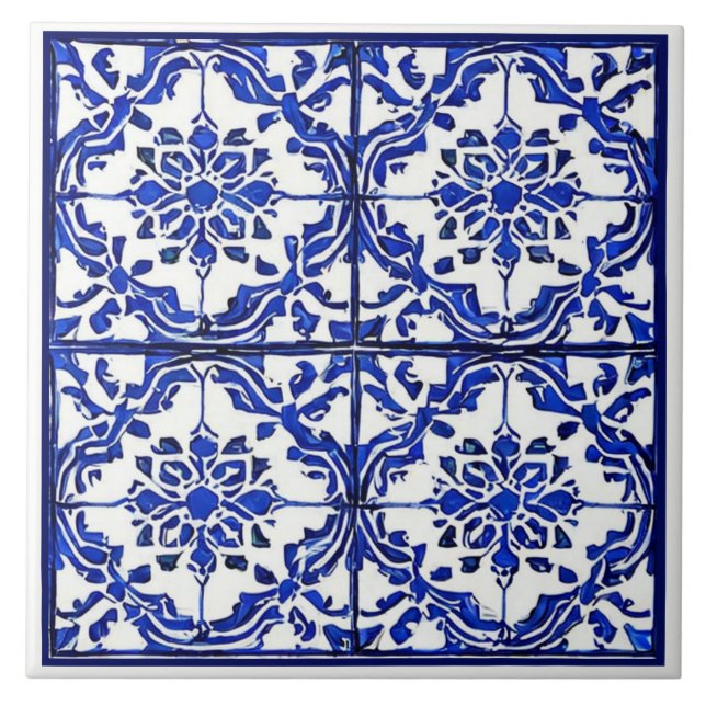 Azulejo Patrón floral blanco azul inspirado en el Mediterr (Frente)