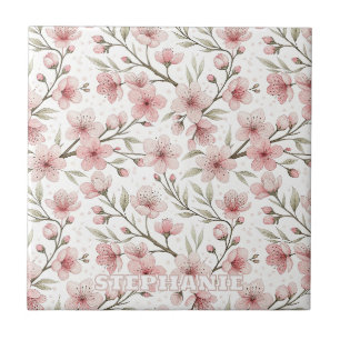 Azulejo Patrón floral blanco de flor de cerezo rosa vintag