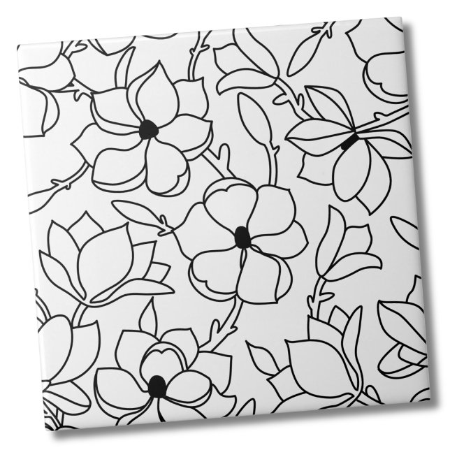 Azulejo Patrón floral blanco negro (Whimsical Chic Black White Floral Ceramic Tile)