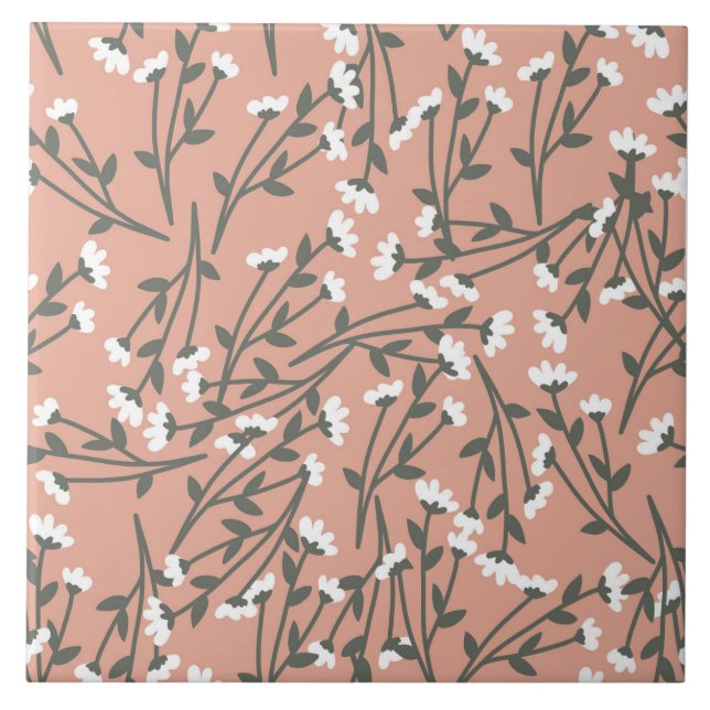 Azulejo Patrón floral blanco, rosa y verde  (Frente)