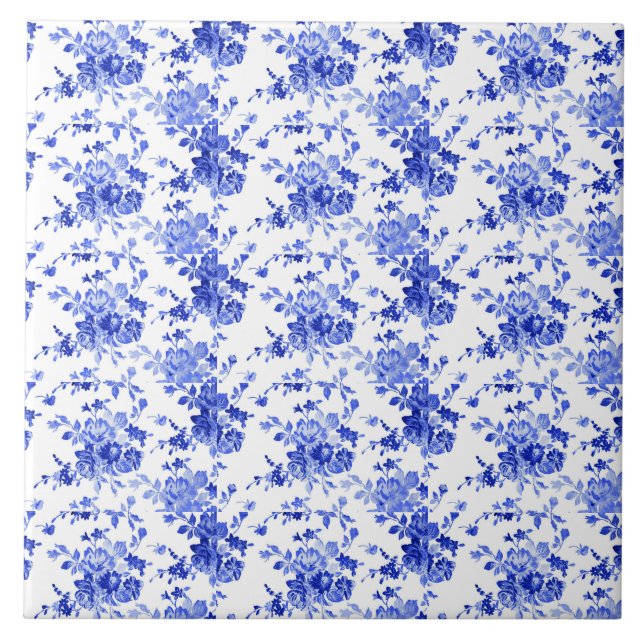 Azulejo Patrón floral blanco y azul vintage (Frente)