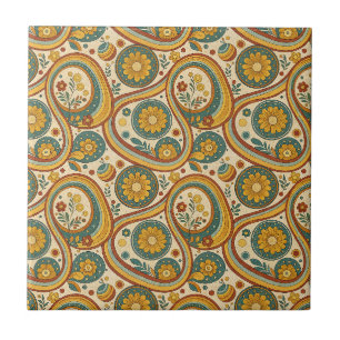 Azulejo Patrón Floral Boho de Flores y Remolinos Retro Vin