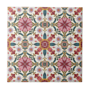 Azulejo Patrón floral boho en rojo, rosa y azul verdoso
