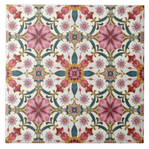 Azulejo Patrón Floral Boho en Rojo, Rosa y Verde Azulado