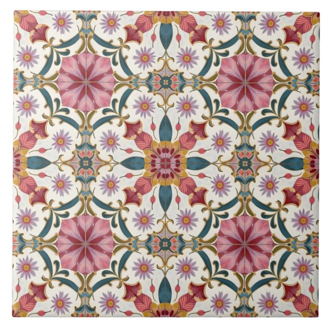 Azulejo Patrón Floral Boho en Rojo, Rosa y Verde Azulado (Frente)