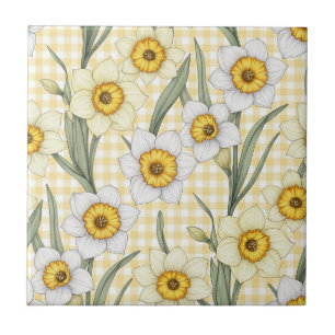 Azulejo Patrón floral botánico de narciso con gingham amar