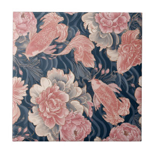 Azulejo Patrón floral chinoiserie de koi rosa azul