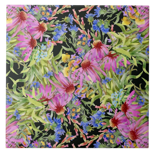 Azulejo Patrón floral color agua rosa verde amarillo (Frente)