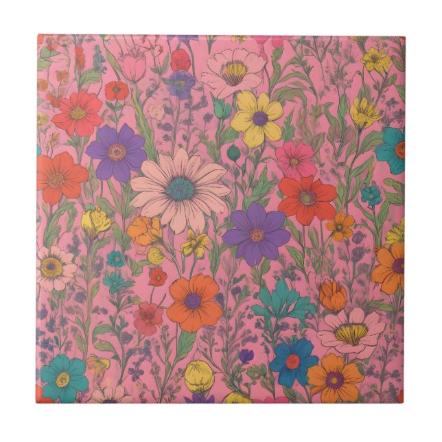 Azulejo Patrón floral colorido sobre rosa (Frente)