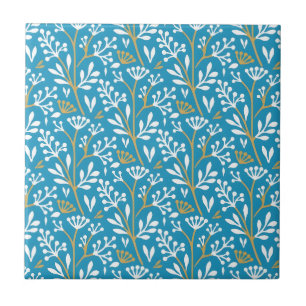 Azulejo Patrón floral continuo: blanco y dorado sobre azul