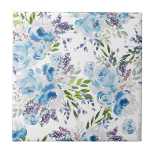 Azulejo Patrón floral continuo de acuarela azul
