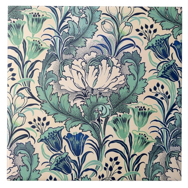 Azulejo Patrón floral crema verde de William Morris (Frente)
