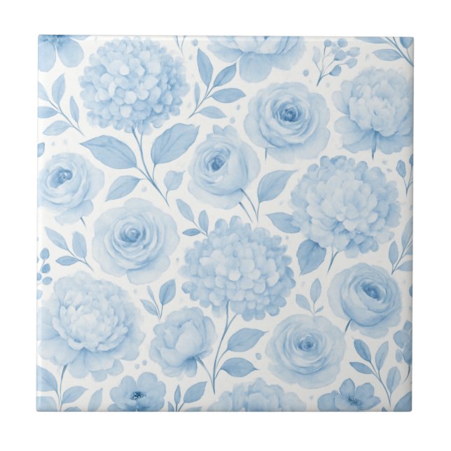 Azulejo Patrón floral de acuarela azul blanco (Frente)