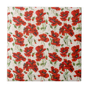 Azulejo Patrón Floral de Amapola Roja Vintage Arte Botánic